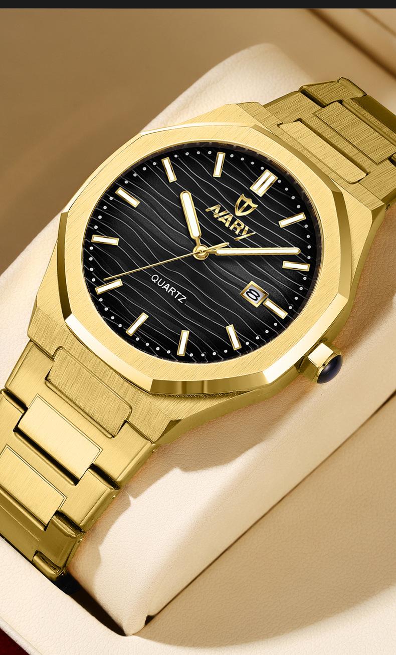 Men's Luxury Gold Octagonal Quartz Watch - Green Textured Dial with Date Display, Stainless Steel Band, Luminous Hands, Business Casual Dress Wristwatch, Perfect Gift for Him