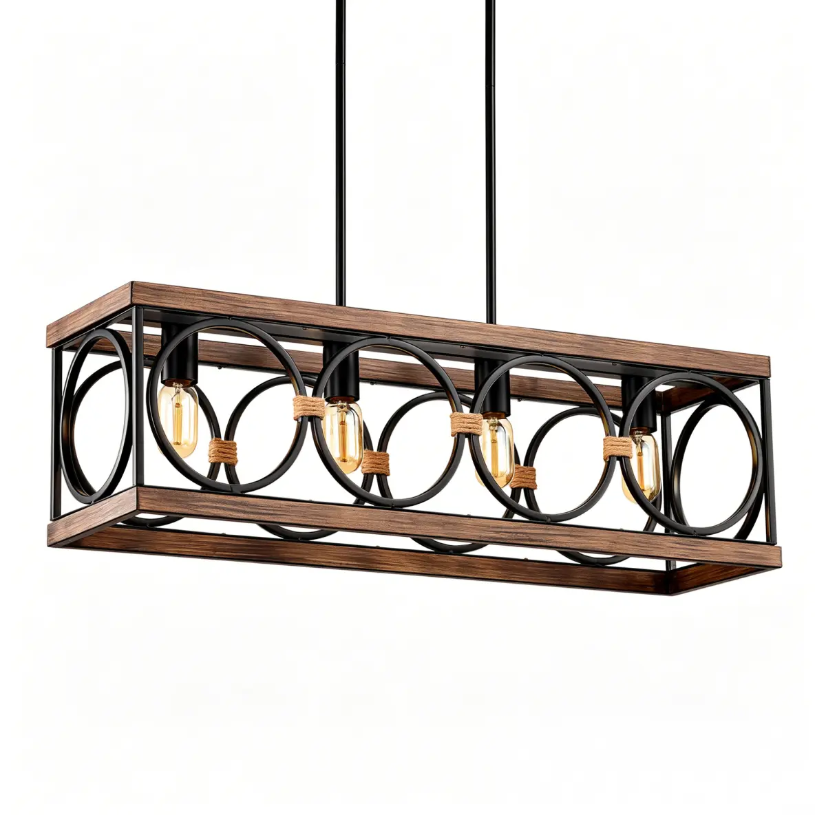 4-Light (Bulb NO Included)Farmhouse Rectangle Pendant Light,31.6" Nature Wood Texture Vintage Rustic Chandeliers Black Metal Industrial Hanging Light Fixtures for Kitchen, Entryway, Dining Room
