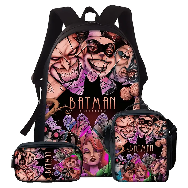 Durable Water Resistant 3-Piece Backpack Set for DC Batman Animated Series Fans, Lightweight School Bag with Lunch Box, Black Broken Glass Texture Joker Harley Quinn Villain Group Print, Includes Large Rucksack, Thermal Lunch Tote & Stationery Pouch