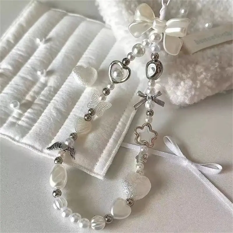 Beaded Neck Phone Lanyard & Charm - Cute Baroque White Bow, Floral Pendant, Universal Beading Charms for iPhone, Samsung, Smartphone, Cellphone Creative Accessory