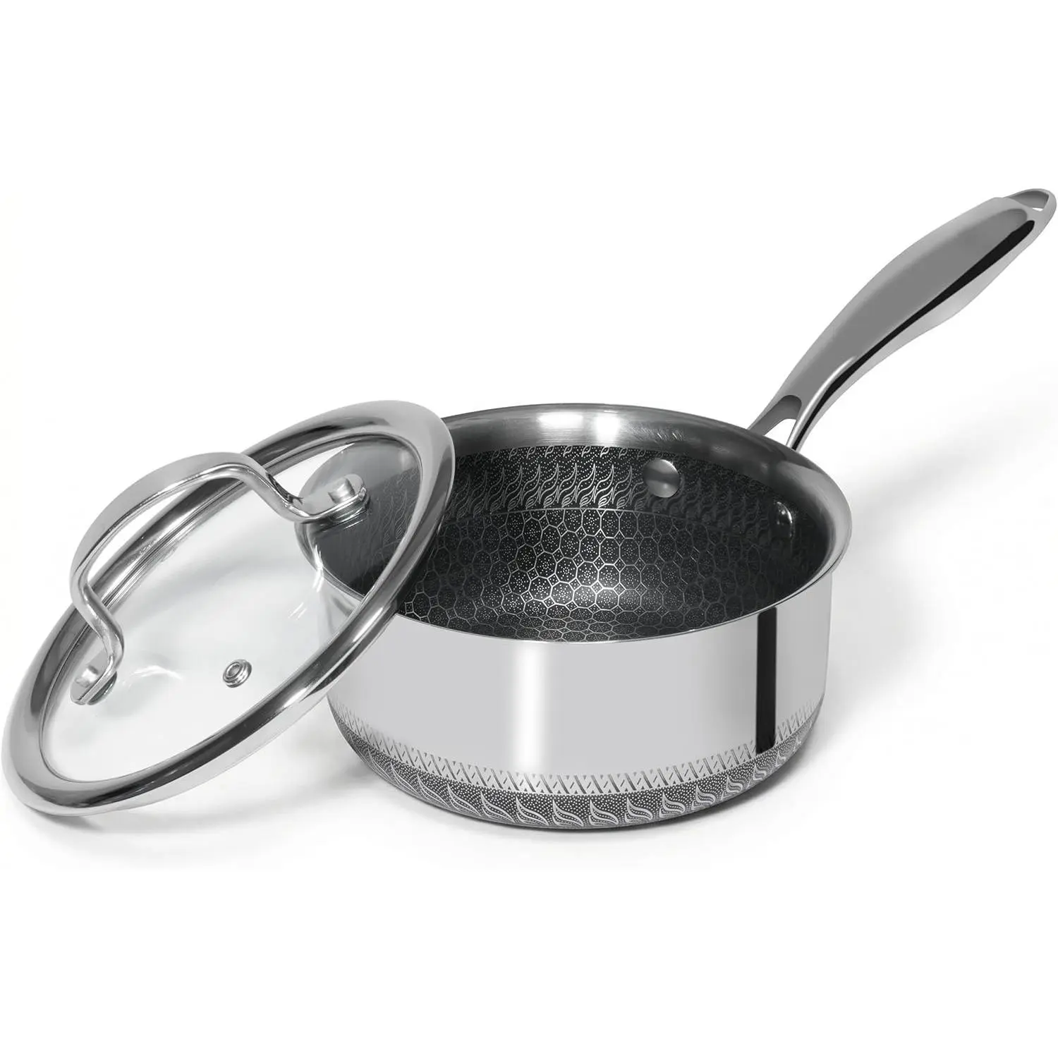Honey Comb Nonstick 2-QT Stainless Steel Saucepan with Glass Lid, Stay-Cool Handle