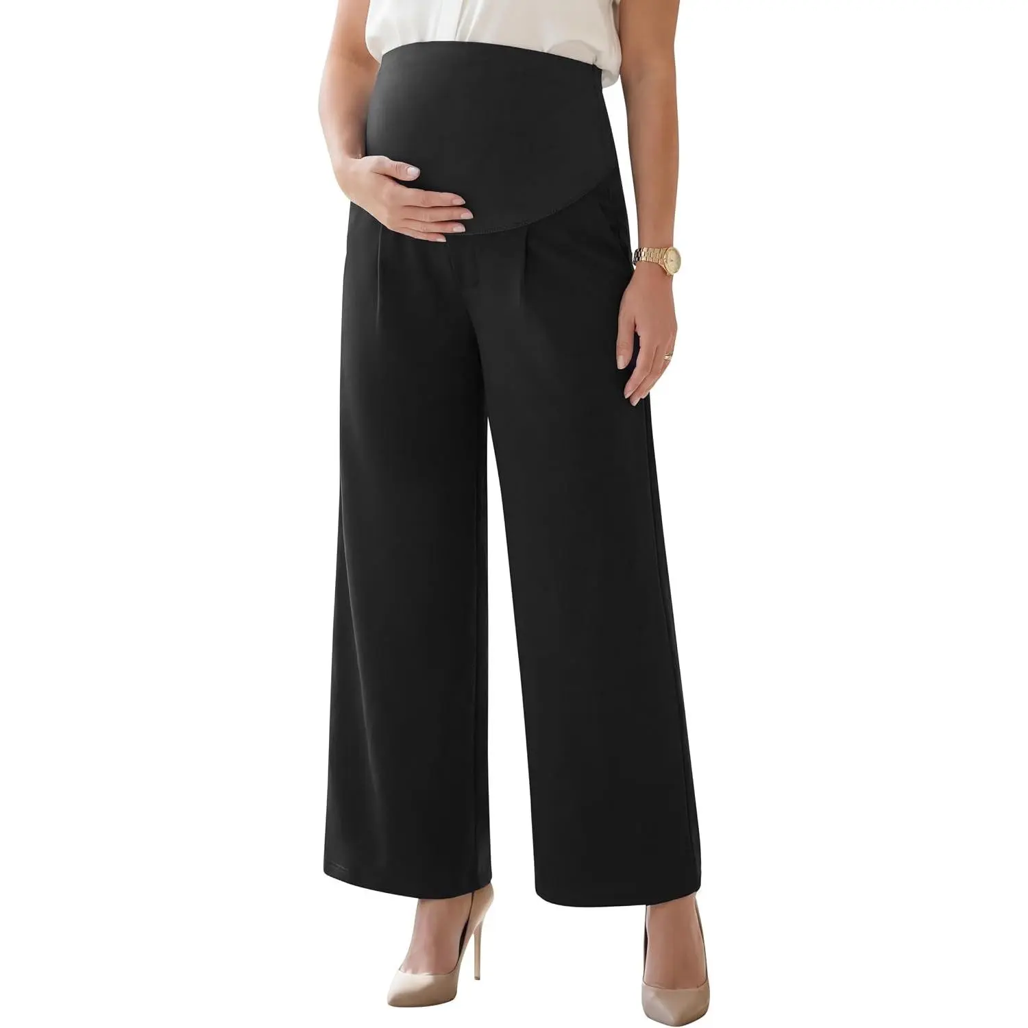 Women's Stretchy Maternity Pants Over Belly Wide Leg Business Casual Work Trousers Pleated Dressy Pants with Pockets