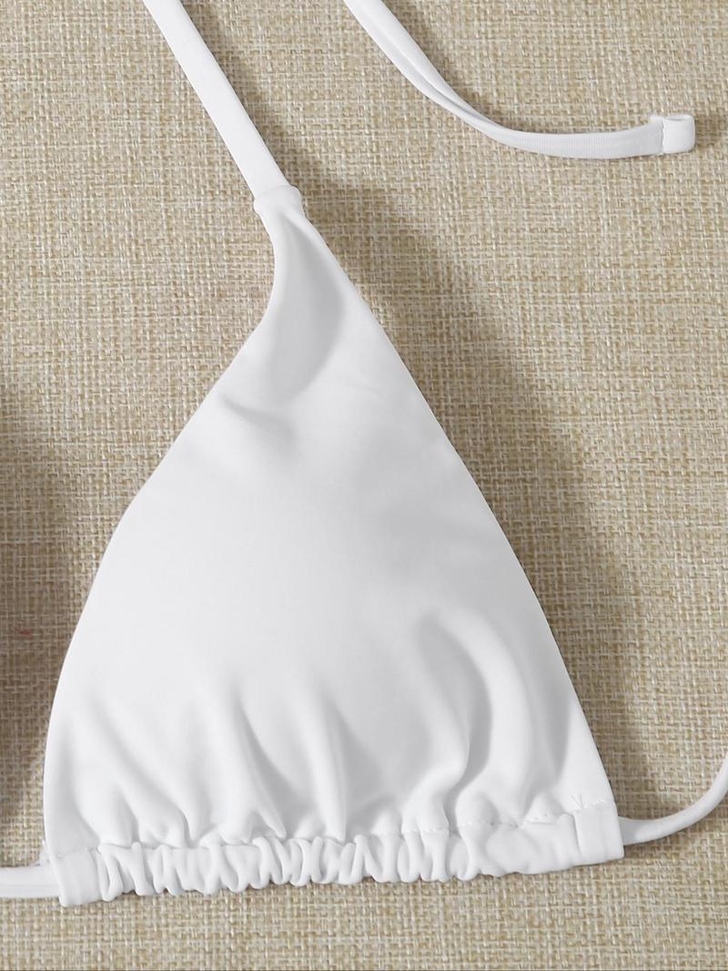 Three-Piece Set Women's Solid Bikinis Set,  Casual Padded Triangle Halter Swim Top & Tie Side Swim Bottom & Cover Up Skirt Set for Beach Holiday Vacation, Halter Bikini Swimsuit, Summer Outfits 2026