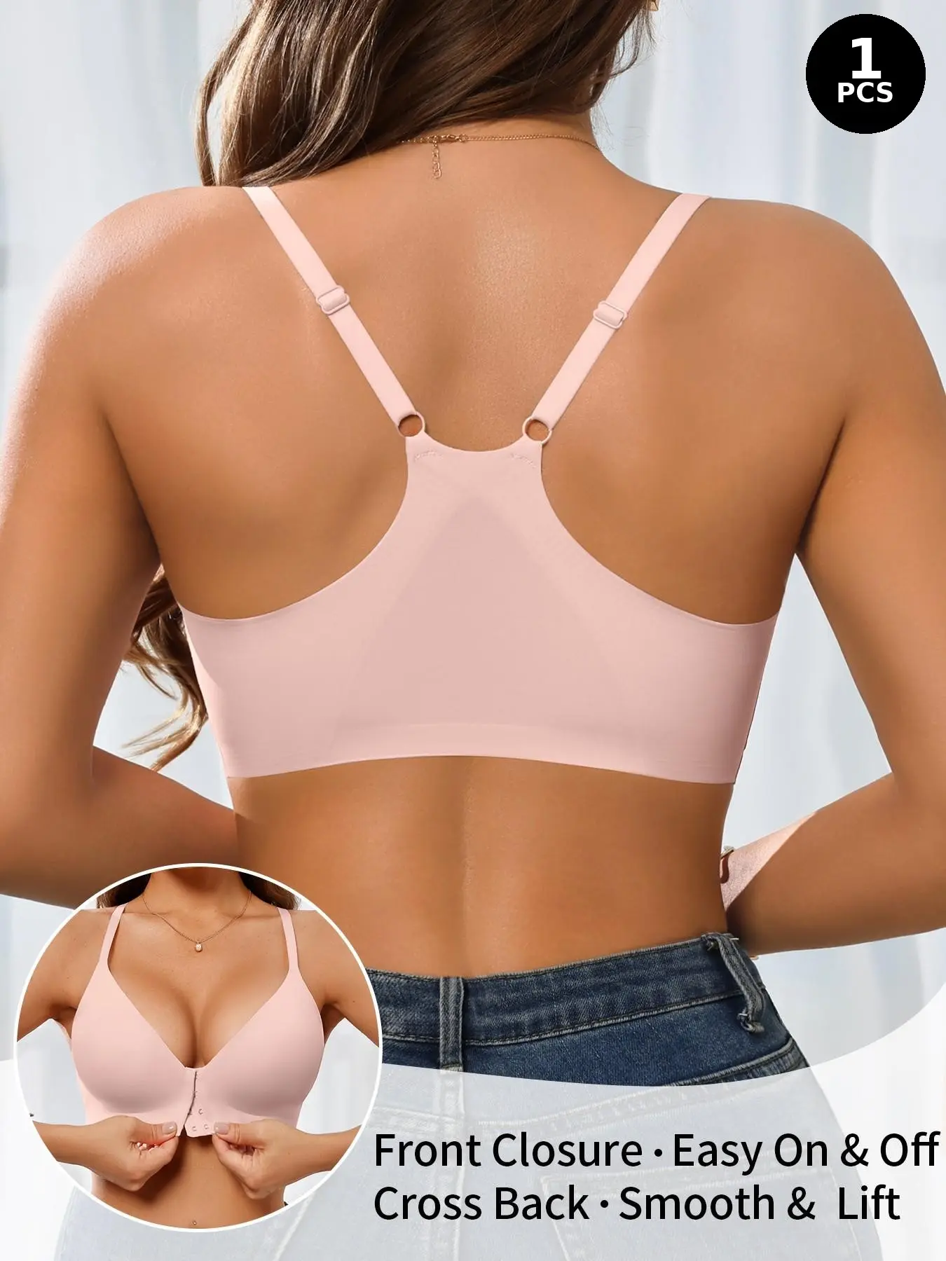 1/2/3/4 Pack Simple Comfortable Seamless Front Buckle Jelly Bra, Push-Up Cross Back Design, No Underwire Adjustable Straps, Women's Sports Bra