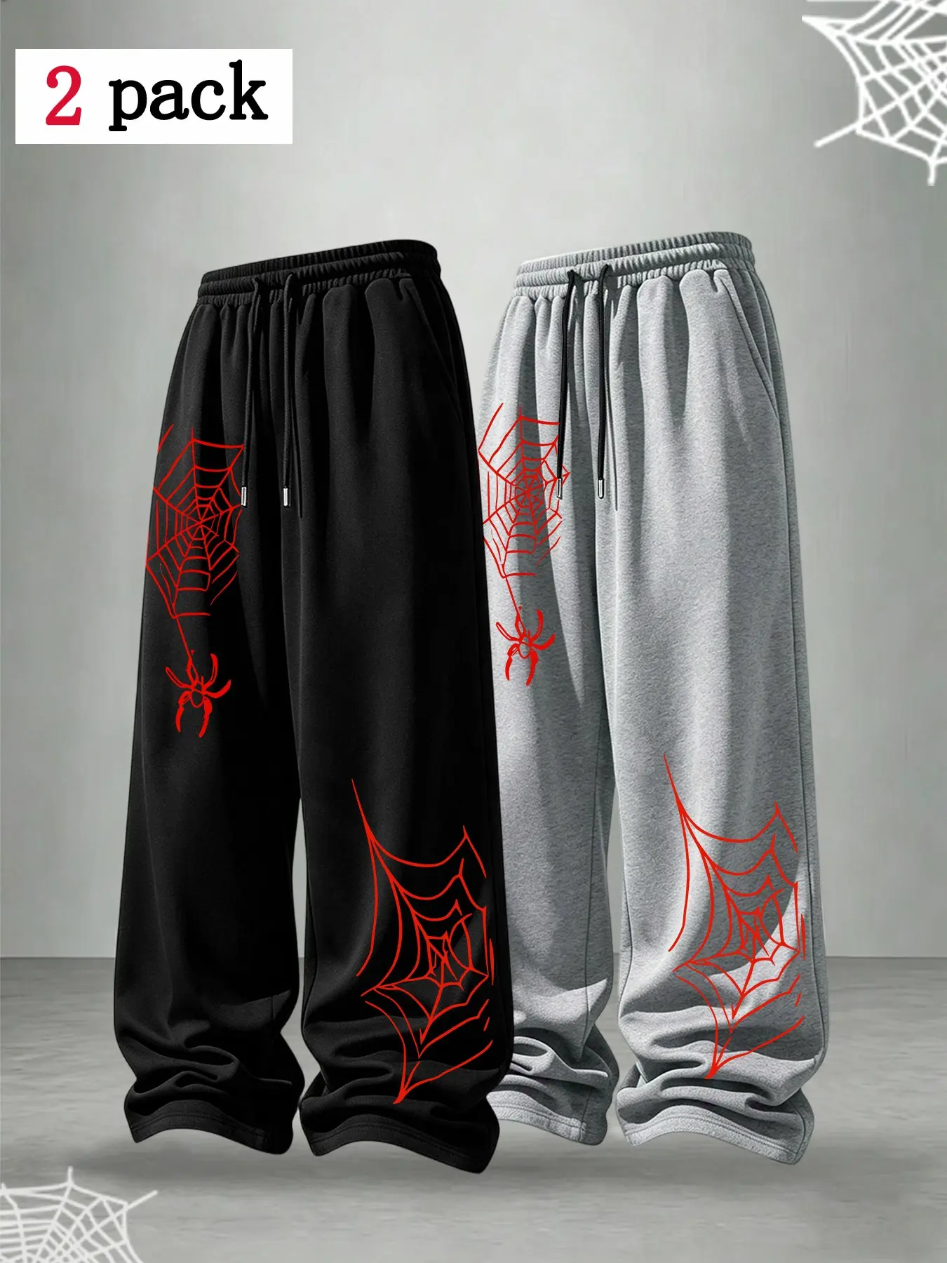 2-Pack Halloween Men's Fall Winter Spider Print Drawstring Waist Straight Leg Pants, Casual Loose Fit, Trendy Outdoor Wear