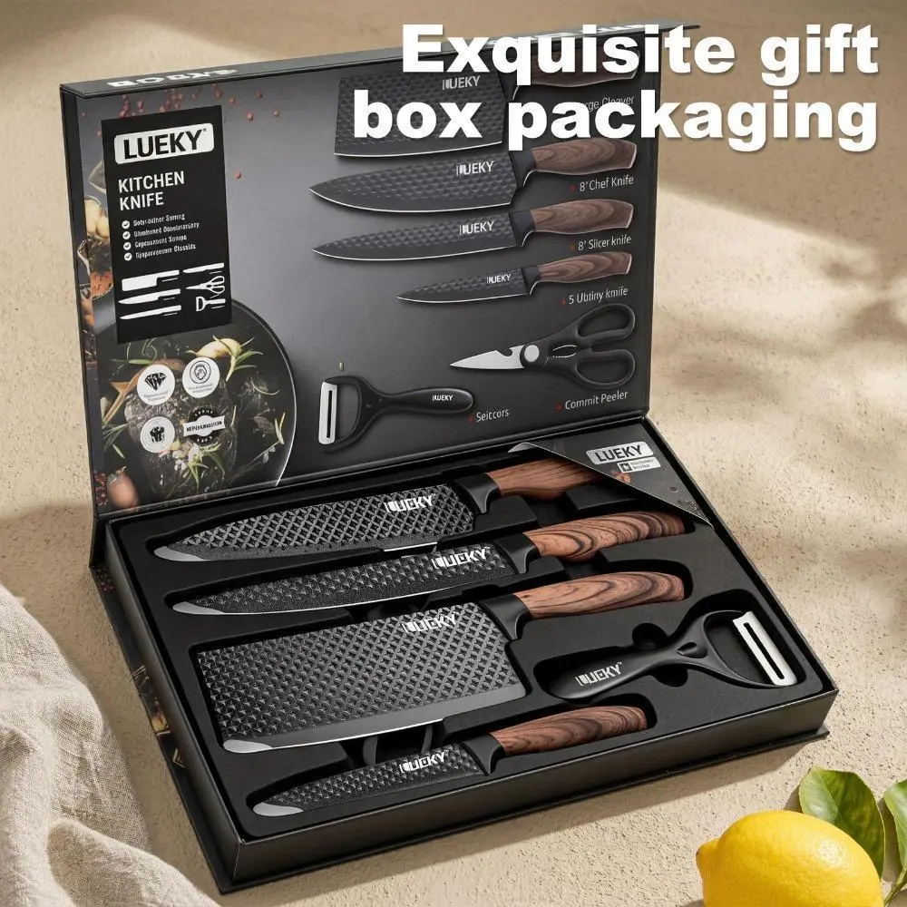 6Pcs Kitchen Chef Knife Set, Slicing Knife, Scraper And Scissors, High Carbon Stainless Steel Super Sharp, with Anti-stick Ergonomic Wooden Handle, Professional Chef's Knife Set, Suitable for Family Travel, Gift Box Set#DealsForYouDays