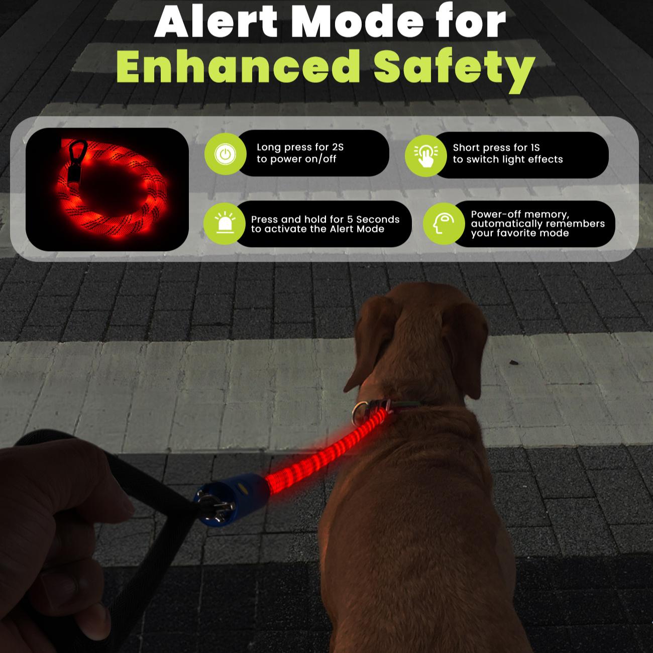 Xeuch LED Illuminated Dog Leash |   Extremely High Visibility for Distances Up to 350 Yards |   Three Lighting Options |   Rechargeable Via USB, No Batteries Required |   Comfortable Handle & Swivel Clasp to Avoid Leash Twisting
