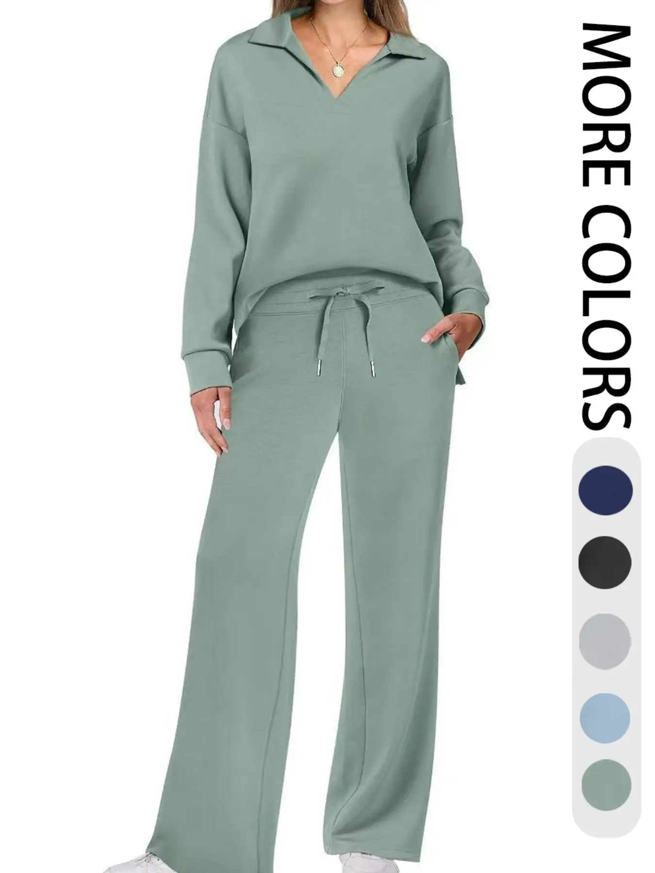 Women's Fashion Long Sleeve Drawstring Adjustable Solid Color Commuter Pants Set, Casual Fall Winter, Trendy Women's Clothing