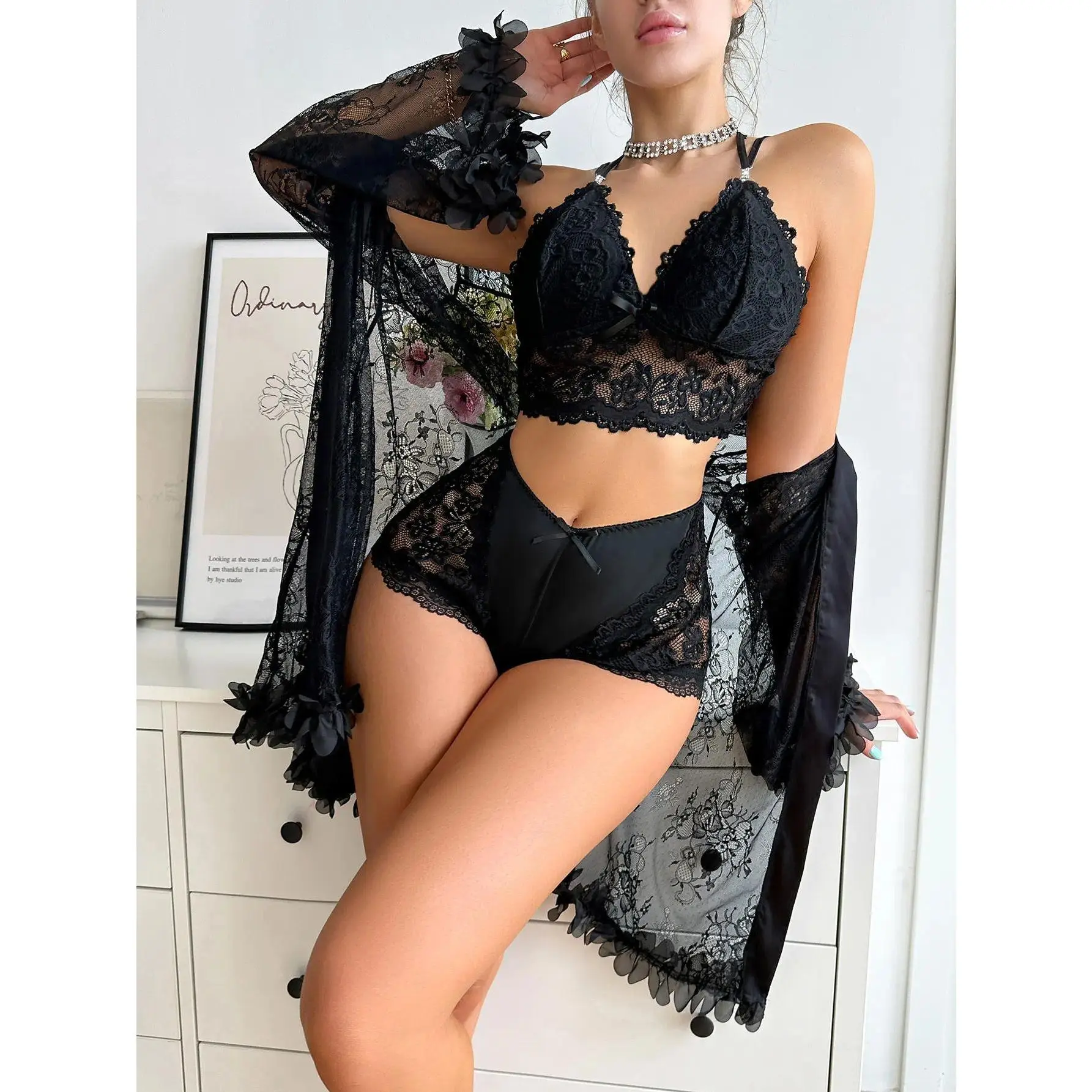 Women's 3-Piece Lingerie PJ Set, Contrast Lace Bow Knot V-Neck Cami Nightwear with Sheer Mesh Robe