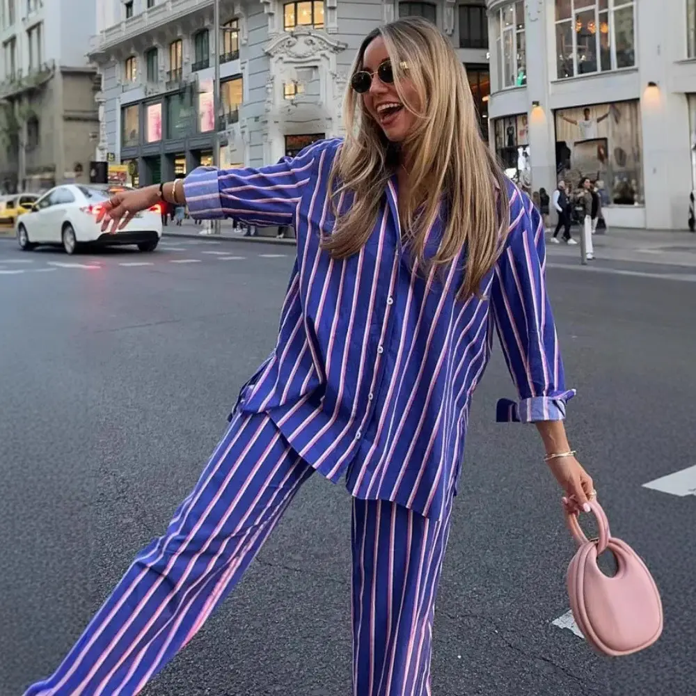 Women’s Striped Two-Piece Pants Set – Oversized Button-Down Long-Sleeve Shirt and Relaxed Straight-Leg Pants, Casual Matching Outfit for Summer Travel, Vacation, Streetwear and Everyday Wear