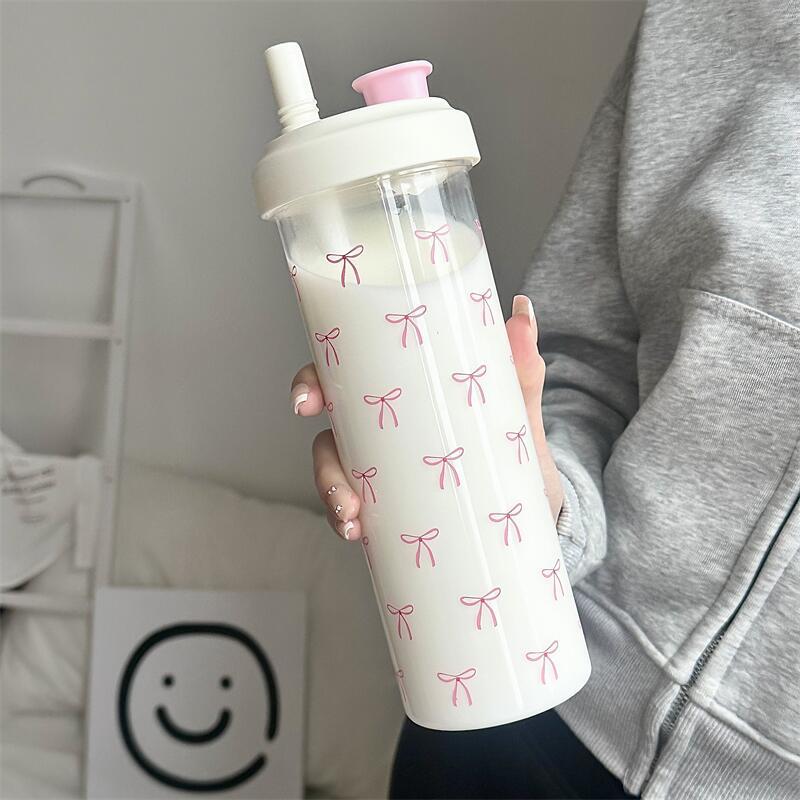 700ML Large Capacity Coffee Cup, Simple Bow Plastic Water Bottle with Lid and Straw, Reusable Sports Cup, Back-To-School Supplies, Reusable Water Bottles