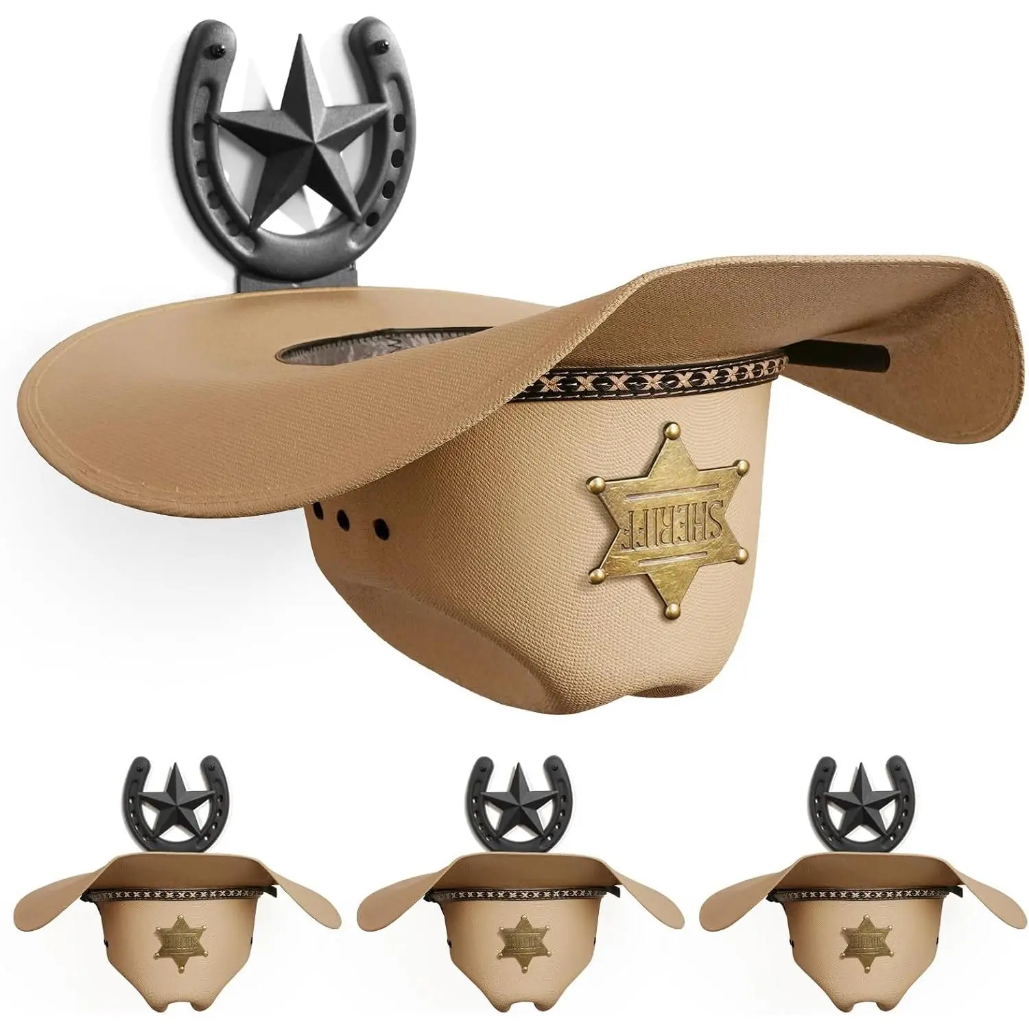 Cowboy Hat Holder Wall Mount Rustic Horseshoe Hat Hanger 4 Pack Black | Metal Organizer for Wide Brim Hats Texas  Hooks for Closet Horse  Entryway Bedroom Barn   Decor