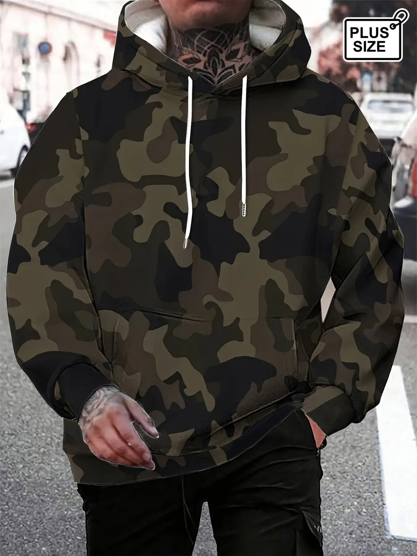 Military Camouflage Hoodie, Large Size Men's Loose Fit Outdoor Workwear Sweatshirt, Long Sleeve Asymmetrical Design, Fall & Winter
