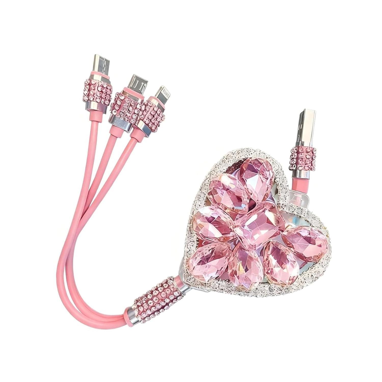Girly Tech Aesthetic Must-Have| Pink Bling 3-in-1 Charging Cable| Elevate Your Desk Setup & Match Your Pink Accessories