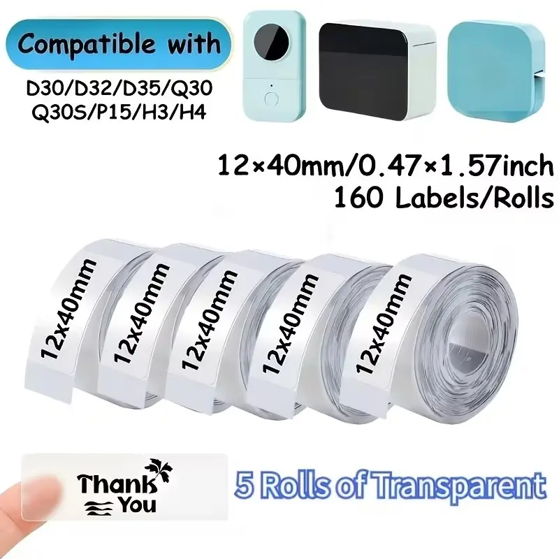 480/800pcs Transparent Label Set, Large Capacity, 12x40mm, 160pcs Per Roll, Sticker Rolls, Compatible with Portable Printers, Ideal for School and Home Use