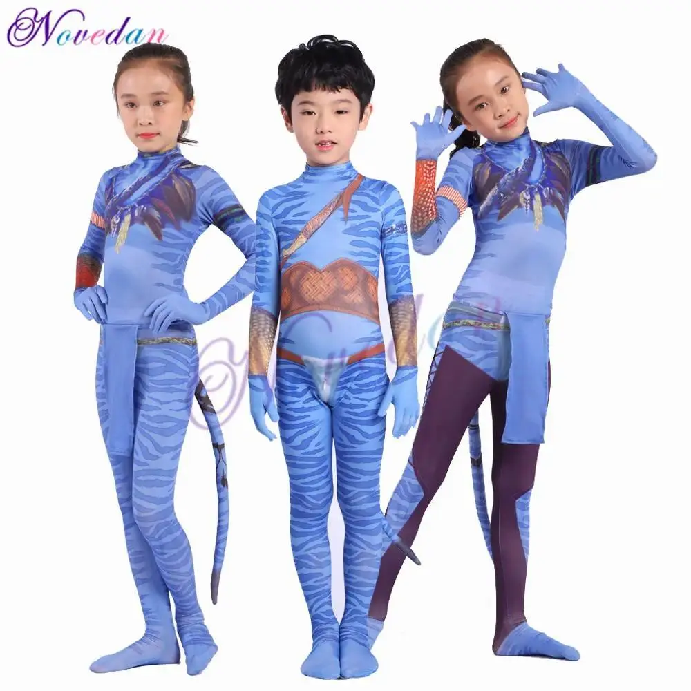 Girls Avatar 2 Neytiri Costumes Tail Suit Boys Jake Sully Cosplay Zentai Bodysuit Jumpsuit Kids Halloween Birthday Party Costume