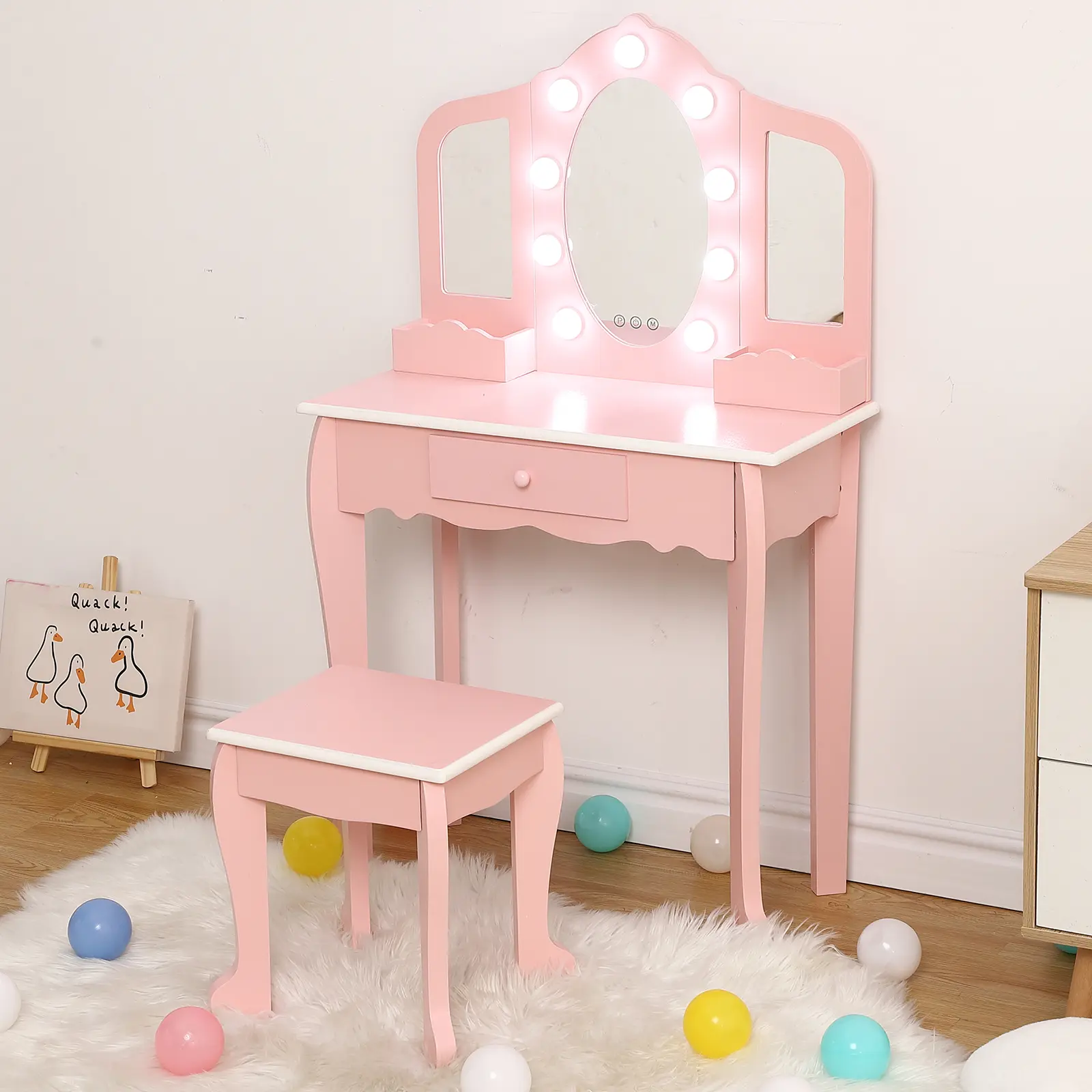Kids Vanity Table and Chair Set with Light , Girls Vanity with Mirror, Drawer and Pretend Playset, Wooden Princess Makeup Desk Dressing Table, Toddler Vanity (Batteries Not Included)