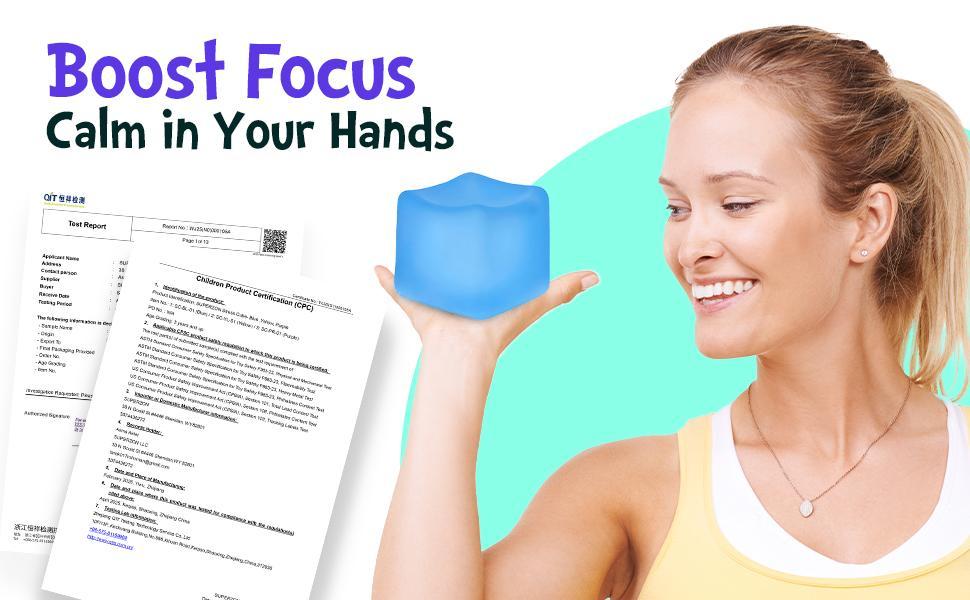 Sensory Square Stress Cube – 2.17" Ice Cube Squishy Toy for Kids & Adults, Non-Toxic Fidget Cube & Stress Relief Ball for Anxiety (Blue)