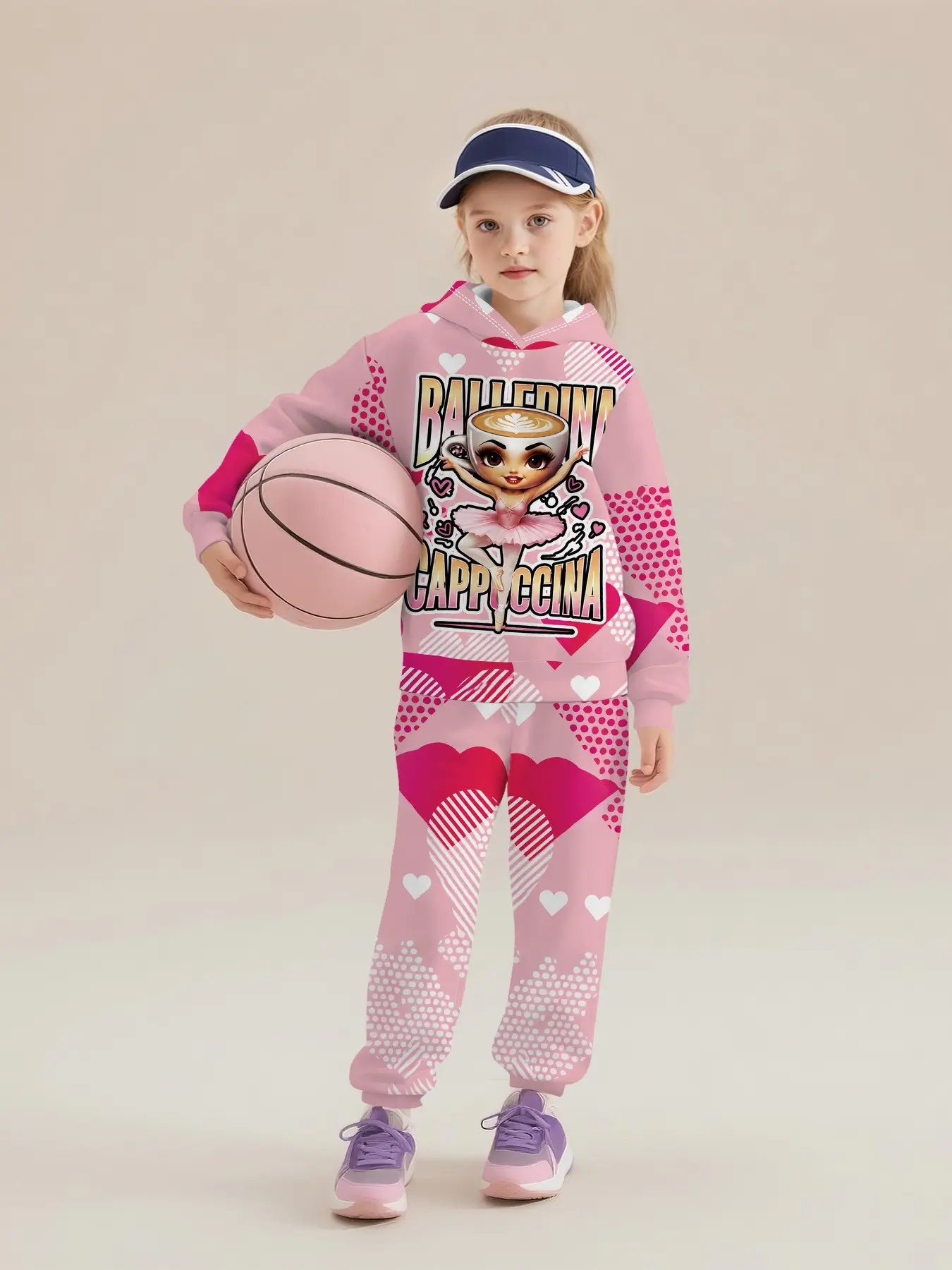 Peach Pink Color-Blocked Heart Ballet Girl Sweet and Cool Digital Print Hoodie with Matching Long Pants, Trendy Casual Kids' Outfit for Girls, Ideal for Daily Outdoor Activities and Sports, Perfect Gift for Girls