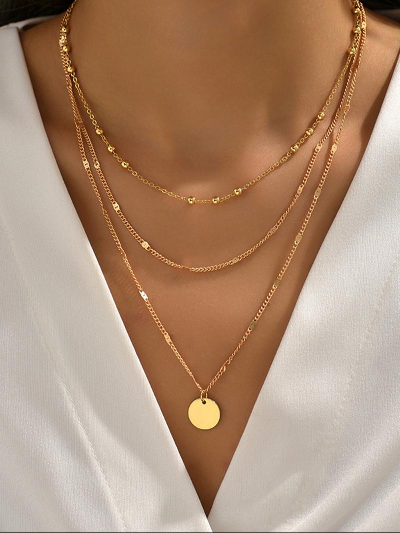Women's Summer 2024 Plain Round Decor Layered Necklace, Dainty Layering Jewelry, Minimalist Elegant Boho Style Geometric & Chain Design Layer Set Necklace, Fashion All-match Necklace