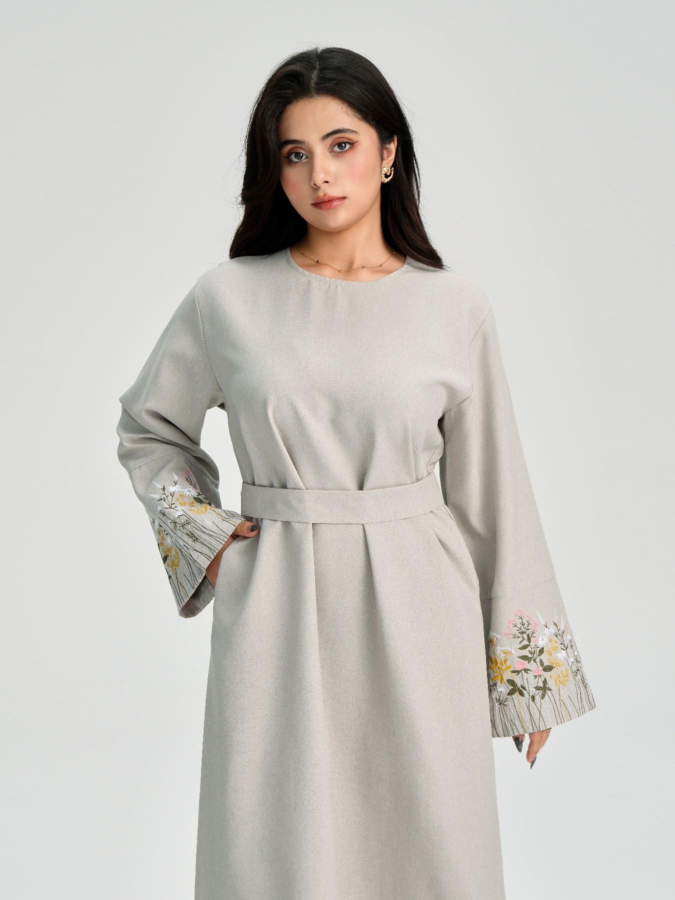 Women's Floral Embroidery Long Sleeve Dress, Modest Casual Round Neck Dress for Daily Wear, Ladies Islamic Clothing for All Seasons, Muslim Women Gowns, Modest Muslim Outfits, Modest Abaya Dress