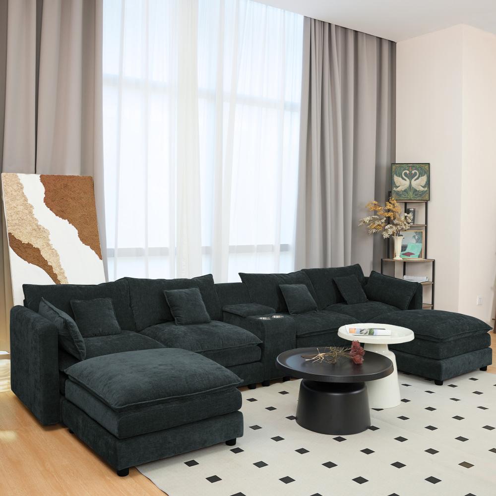 144" U-Shaped Sectional Cloud Couch – Modern Chenille Modular Sofa Set with 6 Seats, Movable Ottoman, Cup Holders & Hidden Storage Console, Comfy Fluffy Black Grey Sectional Sofa for Living Room or Apartment 20.27“ Seat Height