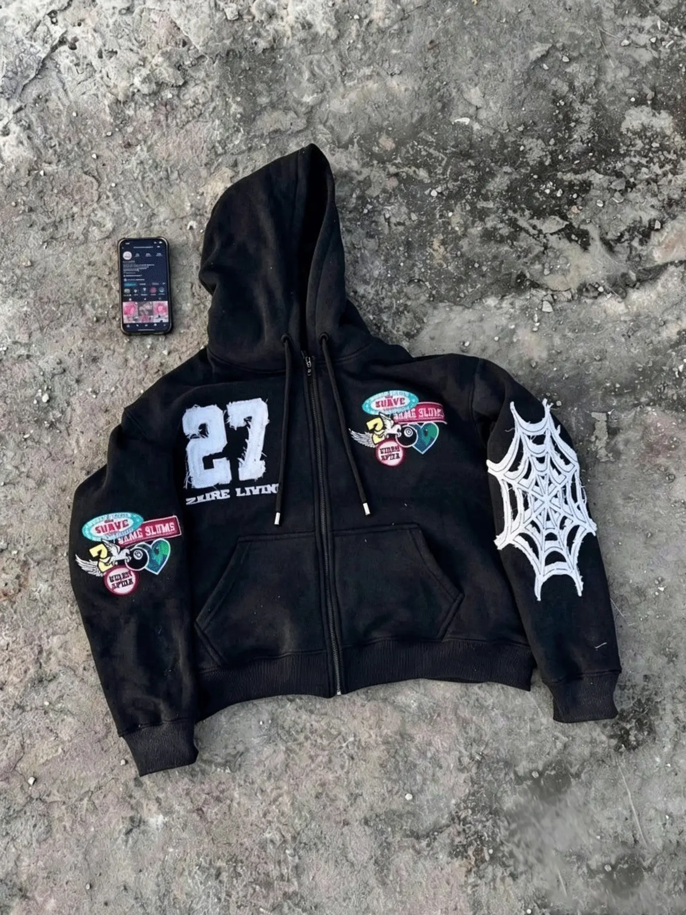 Men's Black Cropped Zip Up Hoodie Jacket, Distressed Number 27 Print Skate Patch Badge & White Spider Web Embroidery Gothic Y2K Hip Hop Streetwear Oversized Full-Zip Hooded Sweatshirt with Kangaroo Pocket for Men