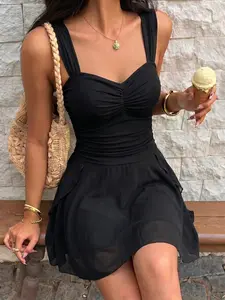 Mint Wide Strap Ruched Wrap Dress, French Chic Sweet Style, Summer Beach Vacation, Afternoon Tea Date Atmosphere, Petite Slimming Fit Dress High Waist Flowy Two-Layer Chiffon Mini Dress, Wrinkle Resistant Casual Summer Dress