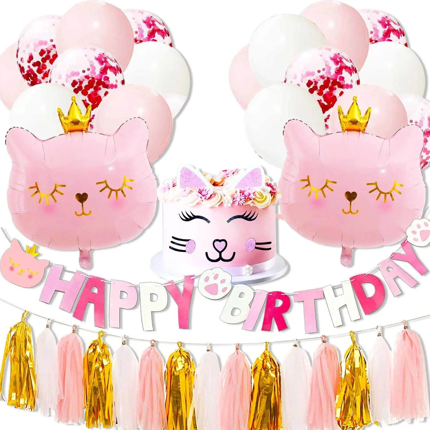 Pink Cat Birthday Party Decoration Kitty Cat Balloons | Cat Kitty Birthday MEOW Banner Meow Party Supplies Pink Cat Kitty Cake Decoration