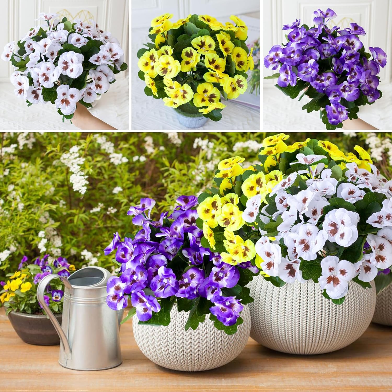 12 Bundles Artificial Pansy Flowers for Outdoor Fake Small Wild Flower Faux Pansies for Home Wedding Kitchen Garden Table Centerpieces Indoor Outdoor Decor Artificial Flower Decoration (12, White/Purple/Yellow)