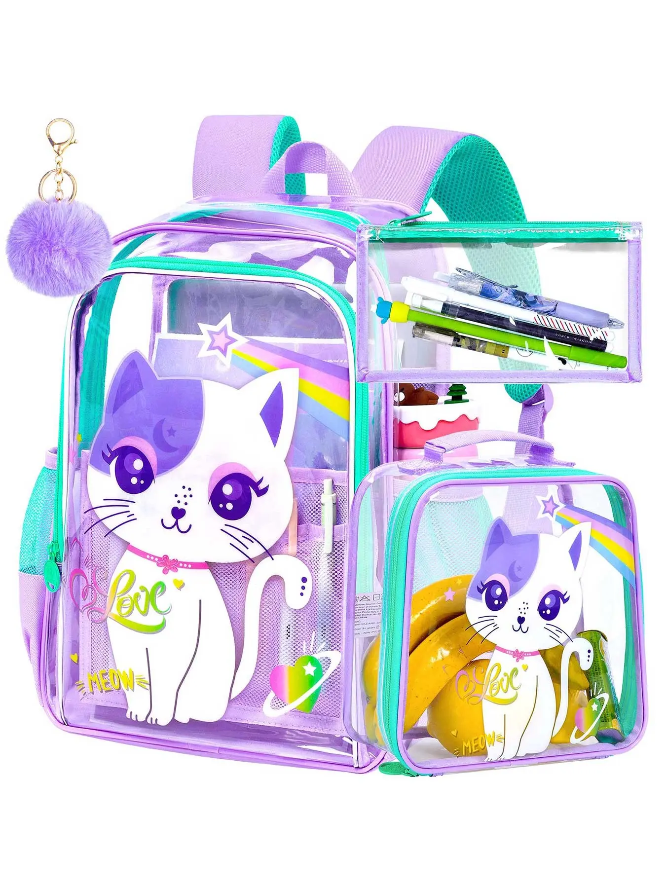 3PCS transparent girls' schoolbag, children's transparent schoolbag, stadium-certified transparent schoolbag suitable for primary and pre-school children - Purple Cat
