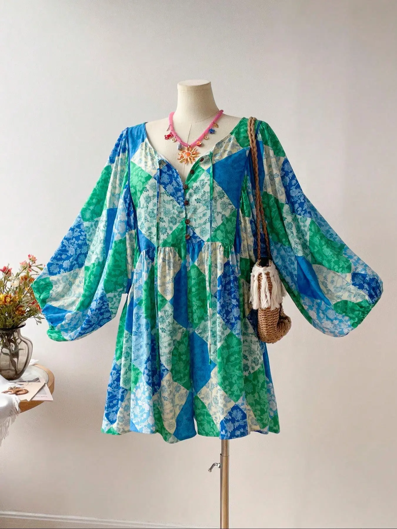 Plus Size Floral Print Fake Buttons Romper, Boho Tie Neck Lantern Sleeve Jumpsuit, Women's Clothes for Beach Vacation Holiday