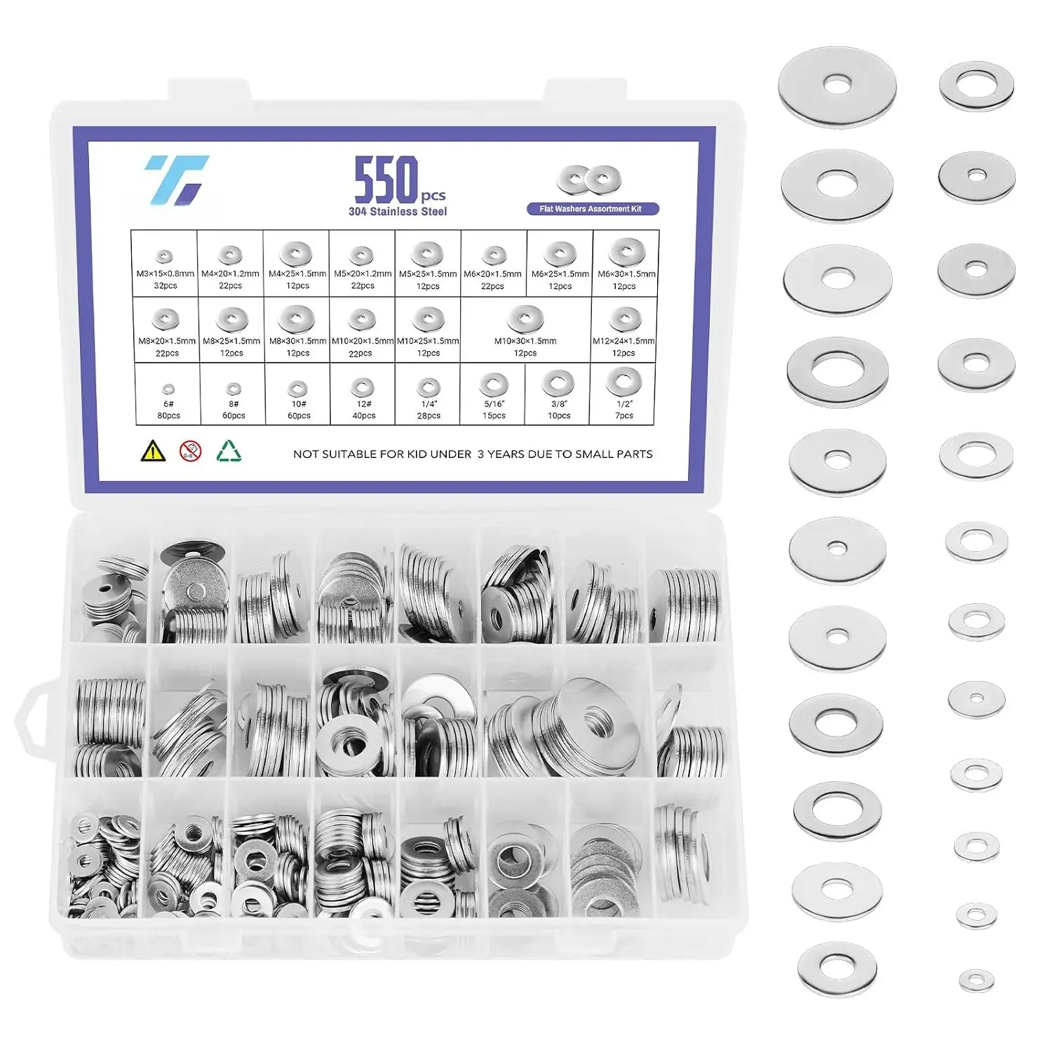1100 count Flat Washers  Kit, 304 Stainless Steel Metric Washers Set M2 to M12 (9 Sizes), Durable Hardware Washers for Screws and , Automotive, Industrial and DIY Projects