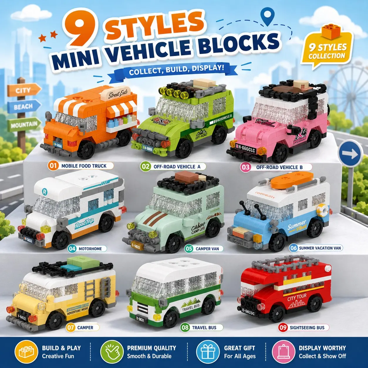 9 Styles Mini Vehicle Block Set, Cute Travel Bus And Camper Van Building Toy, Colorful Micro Bricks, Easy Assembly, Collect Build Display, Dollhouse Play Scene, Room Decoration, Christmas Stocking Gift for Kids 6+, Boys Girls, Hot Toy Gift, DIY