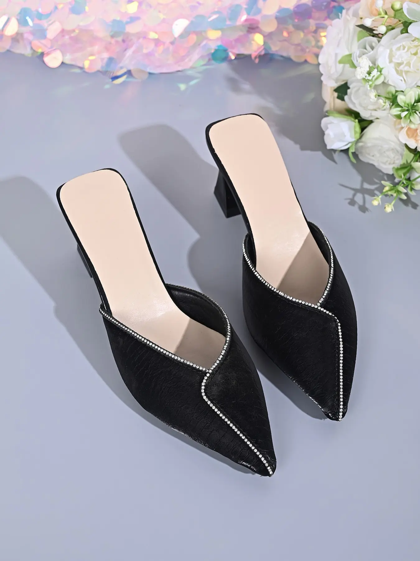 Women Textured PU Pointed Toe Rhinestone Trim Slip On Block Heel Mule Pumps, Soft Cushioned Anti-Slip Mid Heels, Date Club Daily Casual Footwear, 1 Color Black, Slip On Mules