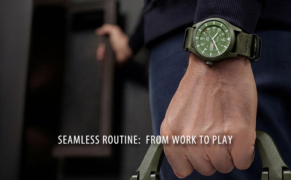 AGS Infantry Mens Military Watch, Vietnam Style Field Watches for Men, Tactical 12/24H Military Time Analog Watch, Waterproof Day Date Quartz Wristwatch w/Green Nylon Band, Work Watch for Man