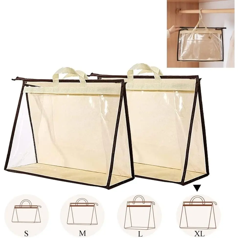 2PCS Clear Non-Woven Handbag Dust Bags, Purse Storage Organizer Hanging Closet Bag with Zipper and Handle, X-Large, Cream Color