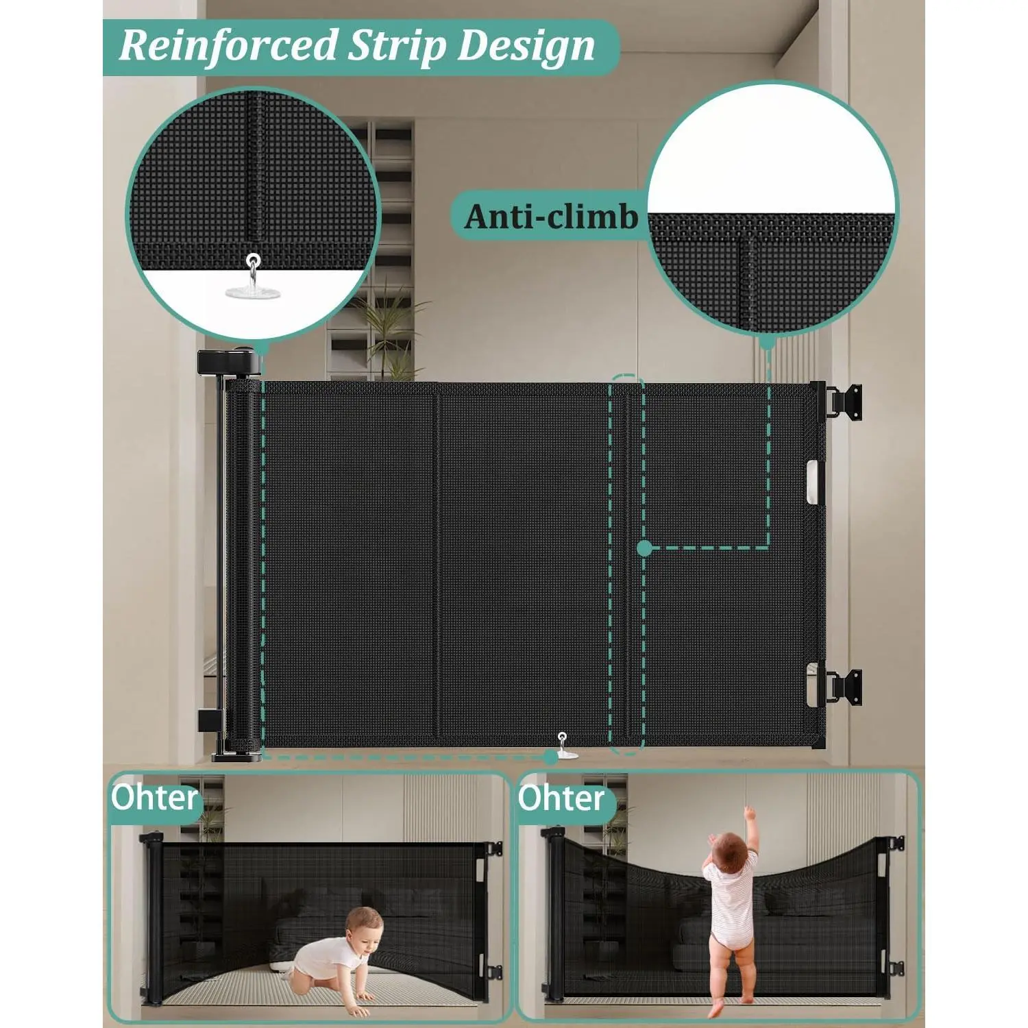 71 inch Retractable Baby Gates 34 inch Tall, Retractable Gate with Reinforced Strip Design to Prevent Crawling Through, 6 FT Retractable Dog Gate for Stairs, Doorways, Hallways, Indoor/Outdoor