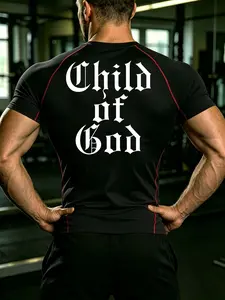 Men's Summer Child of God Print Gym Short Sleeve, Comfortable Breathable Compression Top, Ideal for Outdoor Sports, Daily Wear