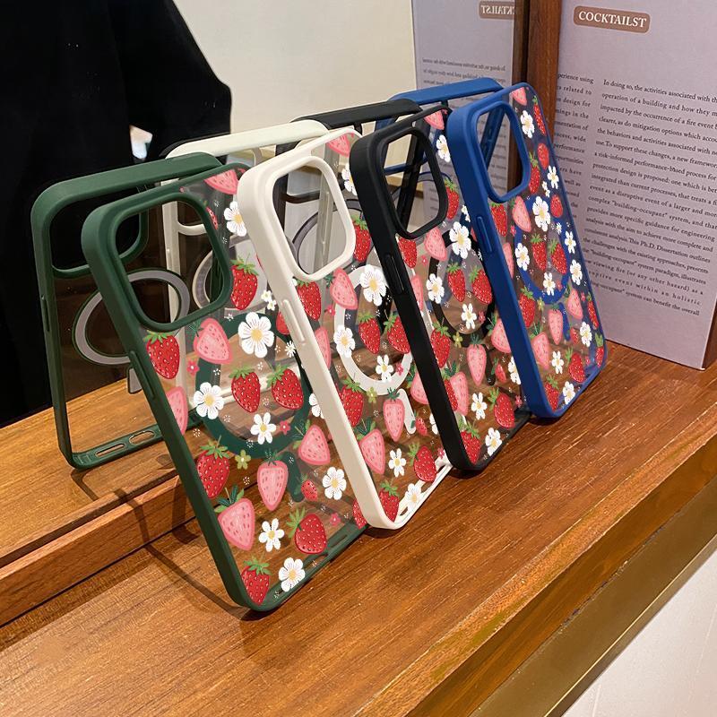 Strawberry Daisy Pattern Magnetic Phone Case Supports Wireless Charging for iPhone 17 15 16 14 Pro Max 13 12 11 XR XS Air Plus E Shockproof Non Slip Protection Silicone Transparent Acrylic Cover Cellphone Protective Smartphone Casing