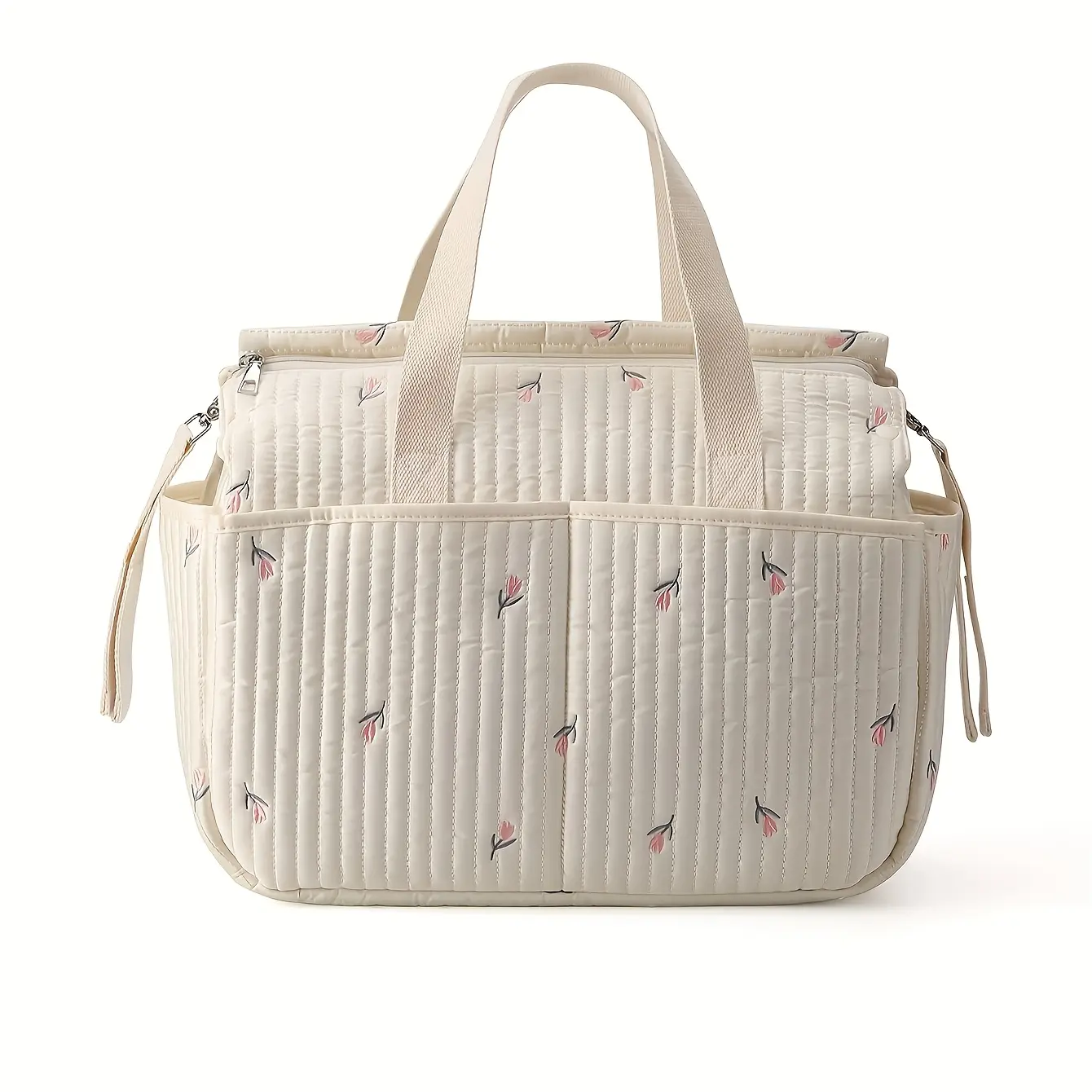 Chic Quilted Floral Maternity Diaper Bag for Women, Large Capacity Handheld Parent Tote with Multiple Pockets, Portable Korean Style Nursery Storage Organizer Bin