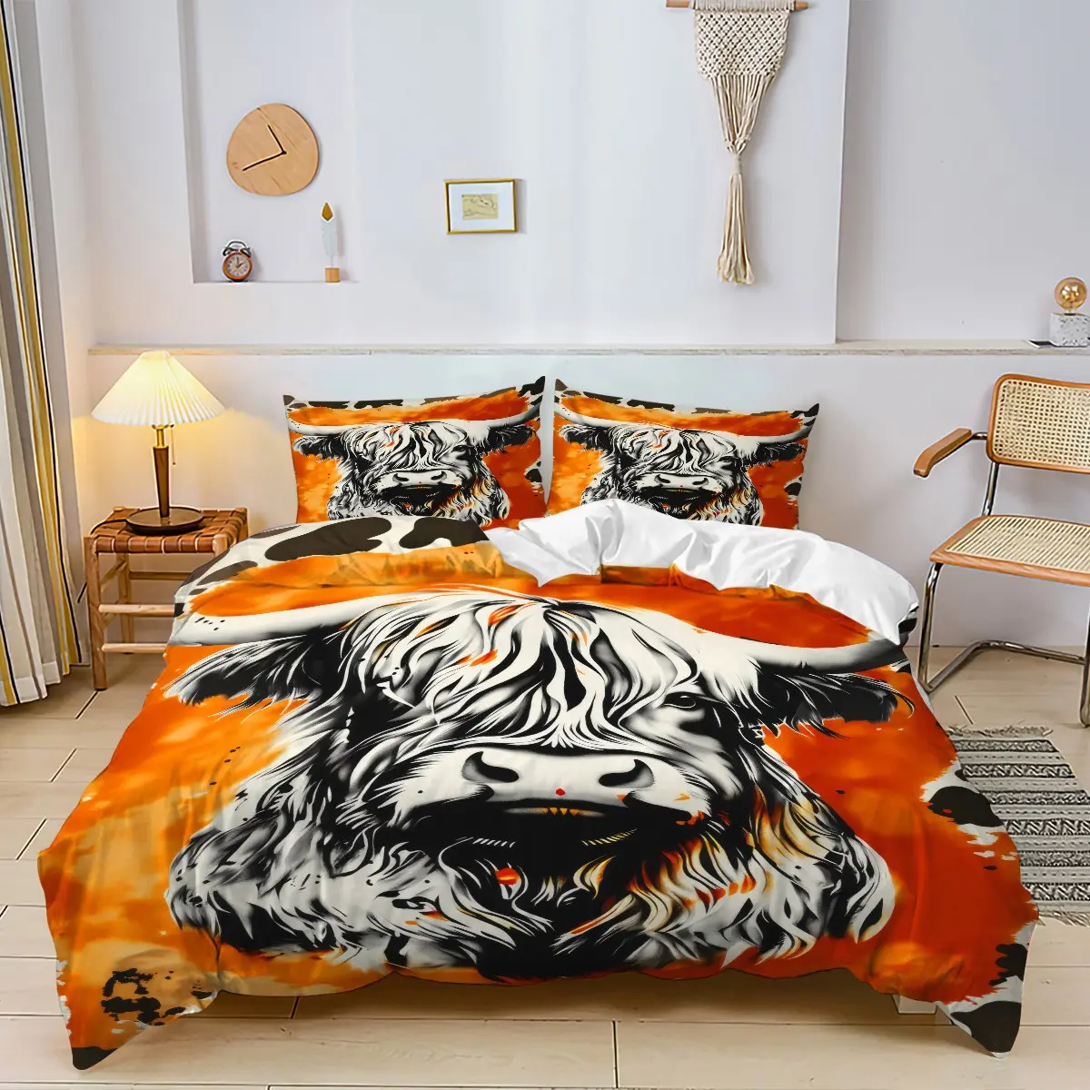 Orange Ink Wash Highland Cow Bedding Set, 2/3pcs No Filling – Duvet Cover Set, Suitable for Master Bedroom, Farm Lover Room, Western Country Studio, Boutique Rustic Farm Guest House, Family Leisure Room & Log Cabin Cottage