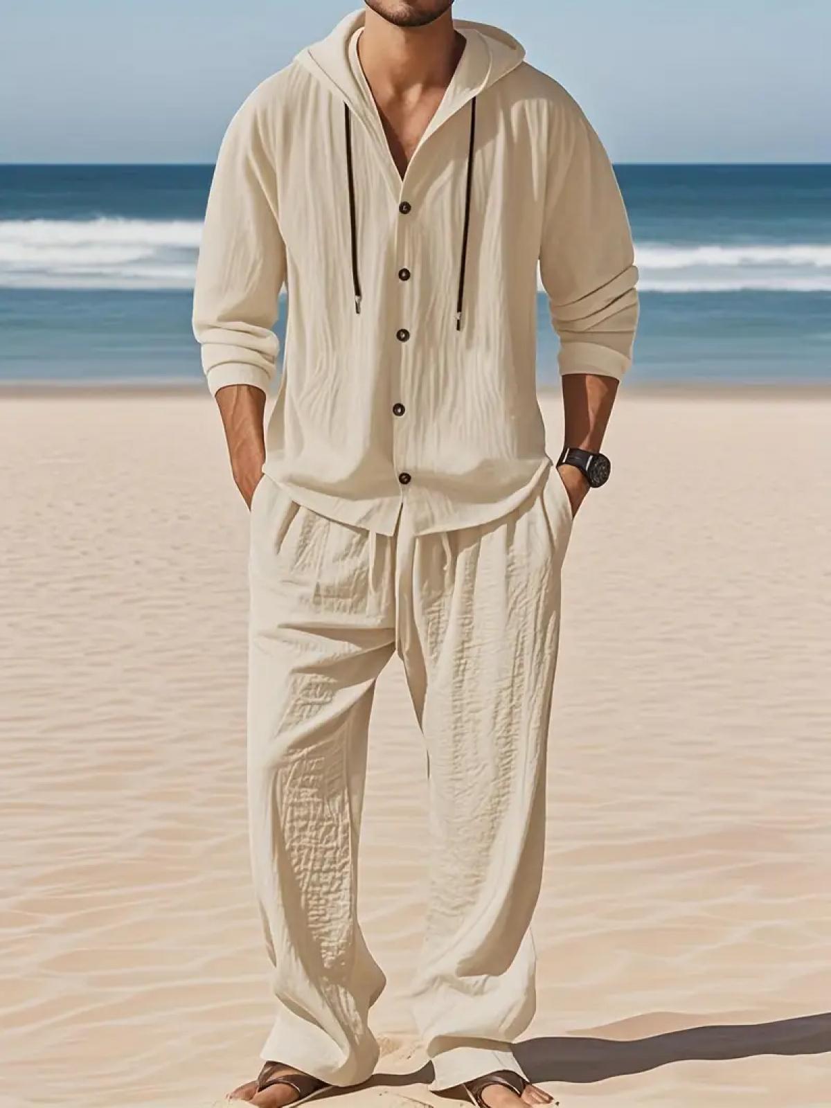 2-Piece Set Men's lightweight  Trendy Hooded，Made From Soft Linen，Casual Vacation Style, Loose Fit Breathable Fabric,Long Hoodie & Wide-Leg Pants, Summer Wear outdoorfun Sweatshirt Clothes Fashion Trouser