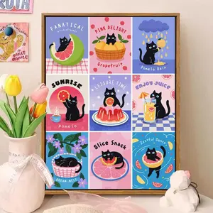 Dopamine Cat Nine-Grid Digital Oil Painting DIY Coloring Hand-Painted Acrylic Healing Colorful Decorative Wall Art