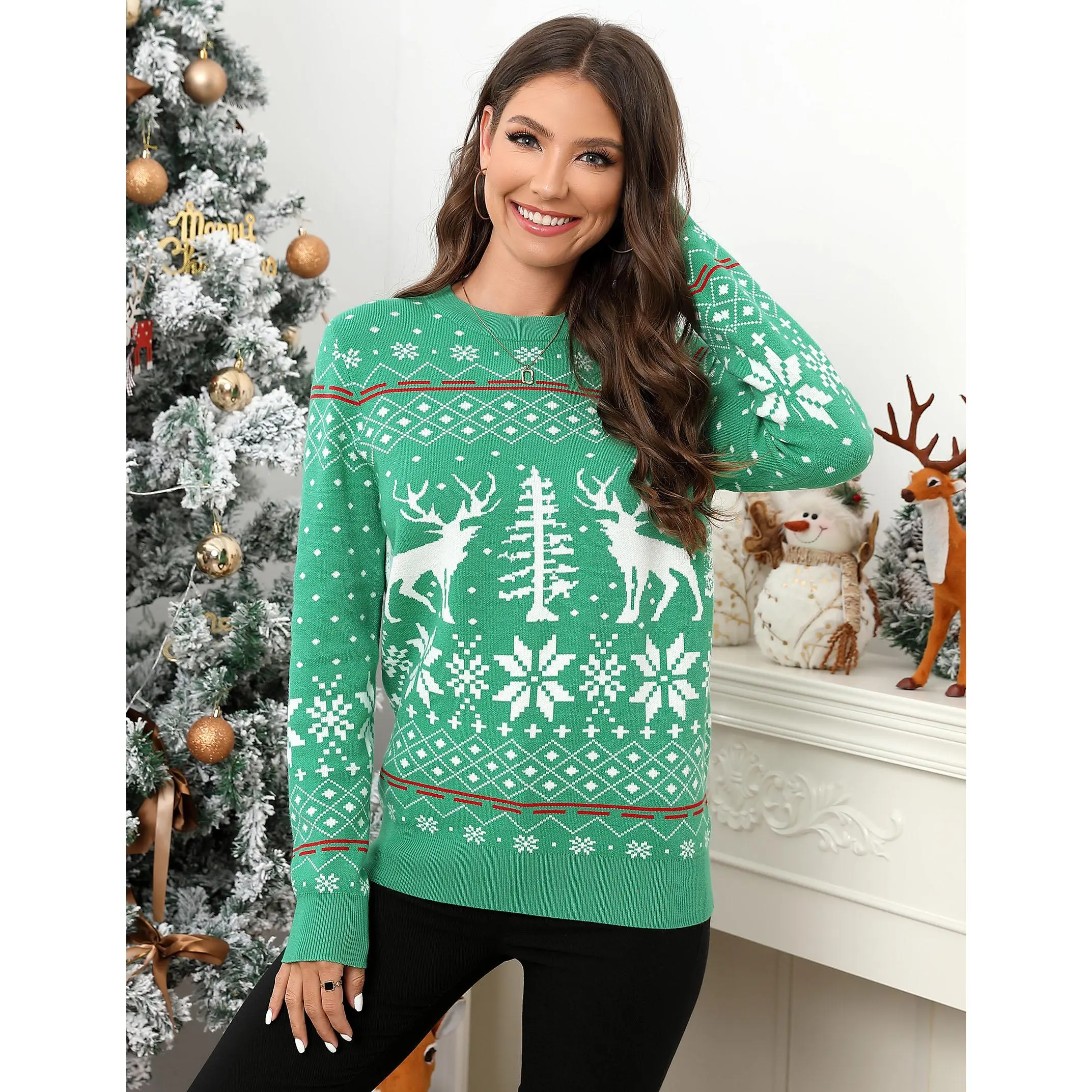 YF Women's Ugly Christmas Sweater, Reindeer Snowflake Fair Isle Knit Pullover, Crew Neck Long Sleeve Festive Holiday Sweater, Fall Winter Warm Knitwear for Xmas Party Family Gathering