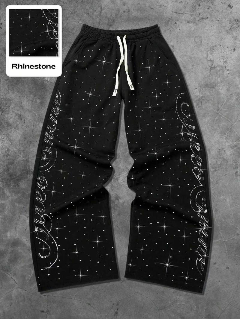 Men's Street Style Straight Leg Sweatpants, Design Sense American Fashion Rhinestone Embroidery, Unisex Casual Pants for Daily Wear, Casual Sporty Trousers