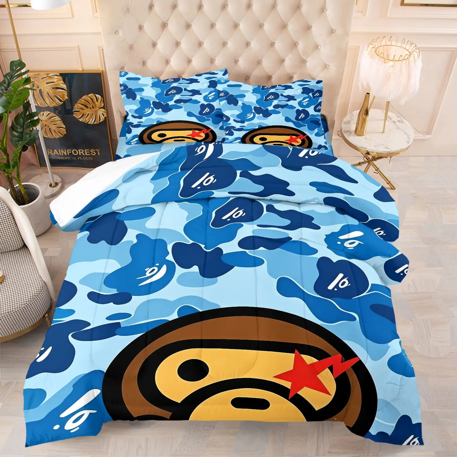 Blue Tone Camouflage Cartoon Ape Head Red Star Lightning Comforter Set, 1 Quilt + 1-2 Pillowcases, Soft Warm Energetic Trendy Bedding for Youth and Hypebeast Bedroom Dorm Gaming Room Decor, Best Gift