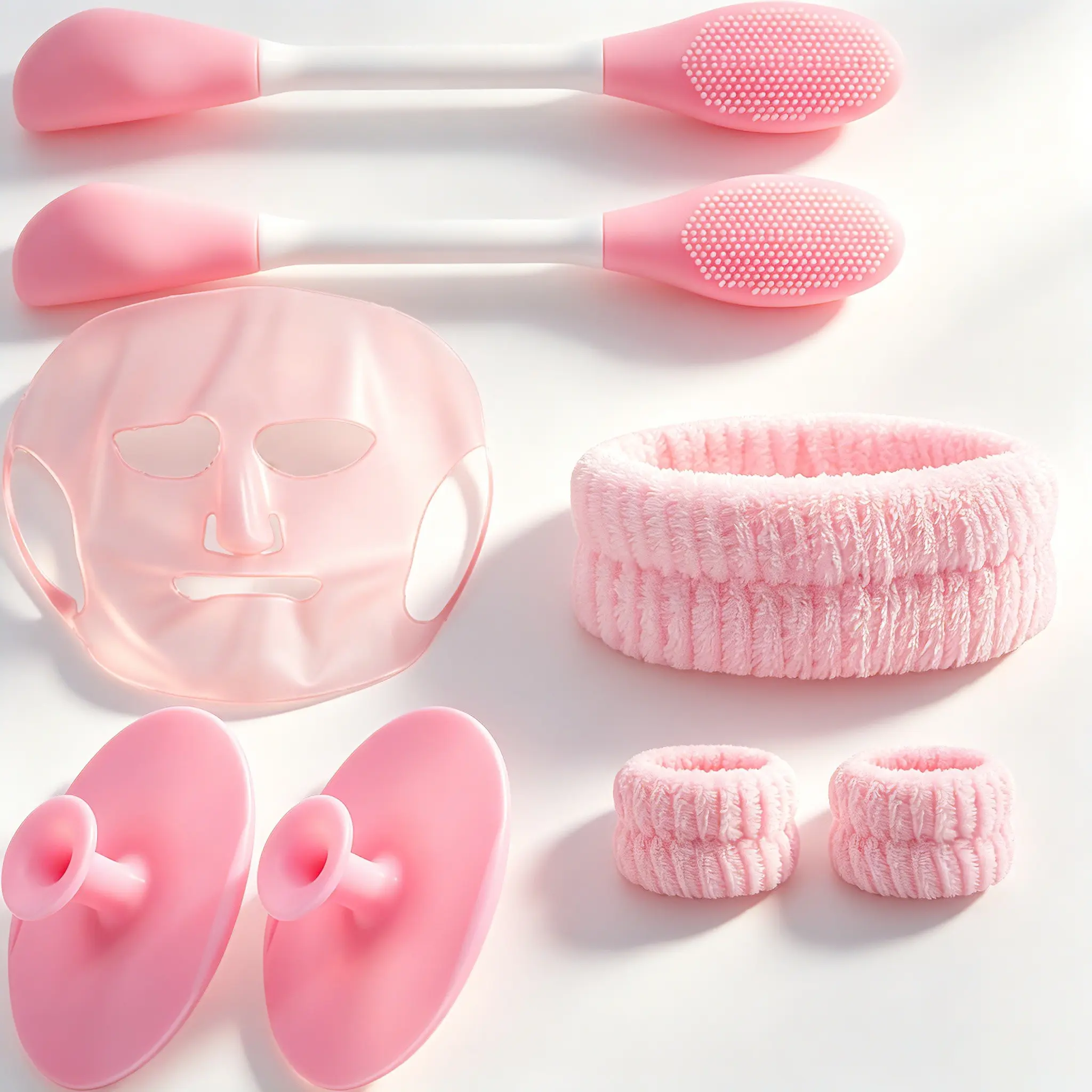 Pink Skincare Tool kit, Home & Travel Dual-Use Anti-Slip Face Mask Holder, 2pcs Double-Sided Facial Cleansing Brushes for Gentle Skin Cleansing, Suction Massage Cups for Skin Tightening. Ideal 5