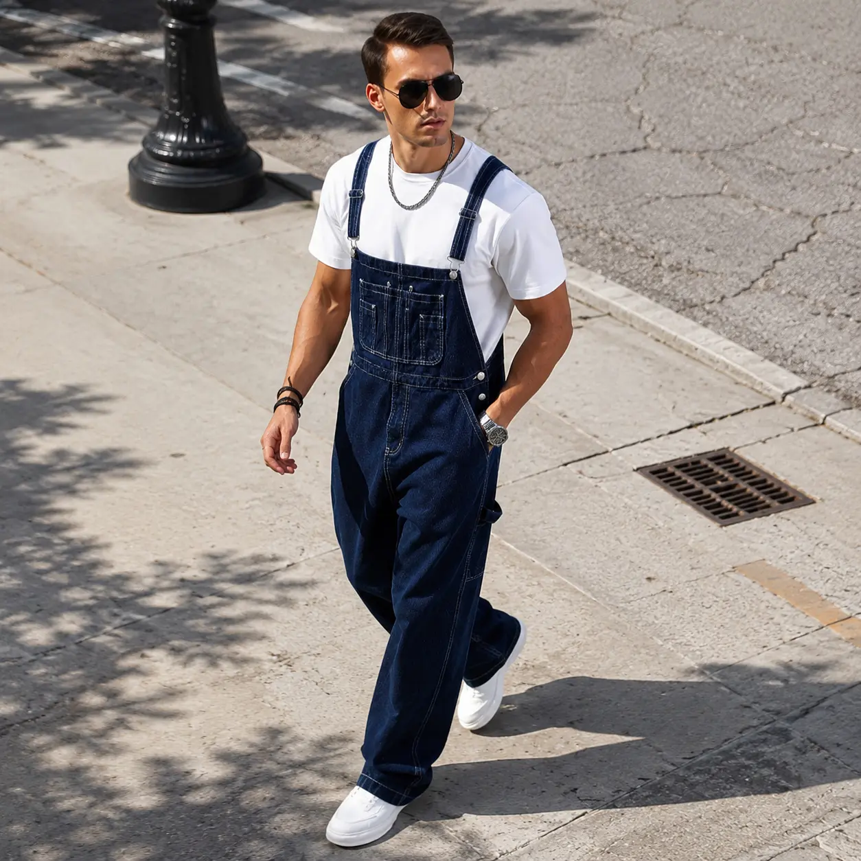 Men's Classic Dark Blue Denim Overalls, Vintage Workwear Romper with Multi-Pockets, Relaxed Fit Heavyweight Jumpsuit for Men, Casual Streetwear & Outdoor,style,all-season,cotton,baggy,campus,comfortable,plain,flanel, Fabric, Utility, Clothes, Polyester, S