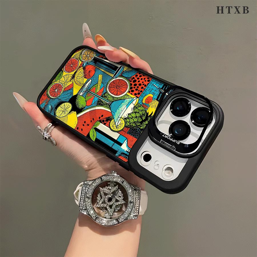 Cocktail Lemon Pattern Metal Camera Cover Magnetic UV Printed Phone Case, suitable for iPhone 17, 16, 15, 14, 13, 12 Pro Max/Pro/Plus series